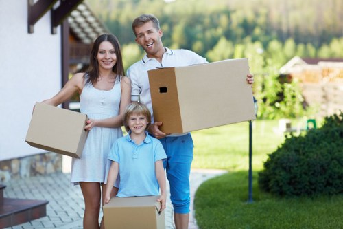 Packed moving boxes and furniture ready for a local relocation in The Hyde